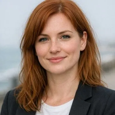 Young woman with red hair, freckles, and green eyes in a dark blazer, calm expression