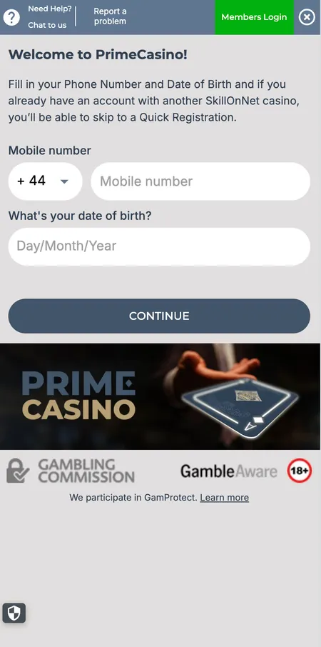 Prime Casino account registration first step